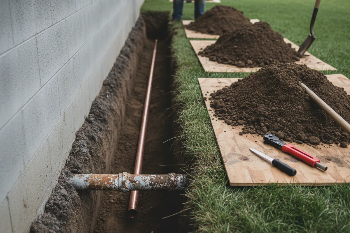 Excavated water line trench during Sewer Line Repair in Hazel Crest